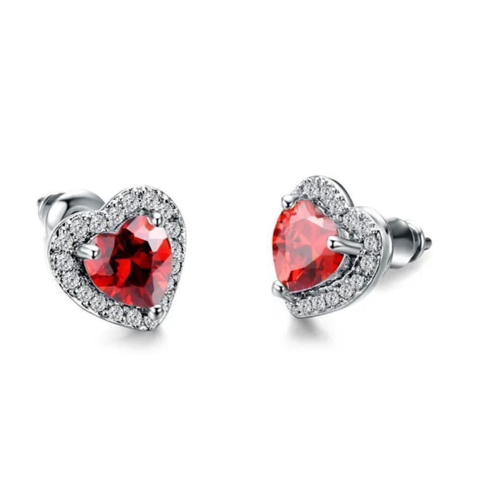 Heart shaped red zircon copper earrings-artificial gemstone